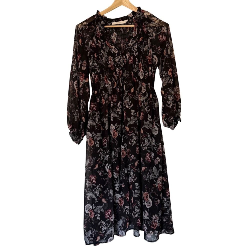 ASTR The Label Black Floral Sheer Long Balloon Sleeve Button Up Midi Dress S
